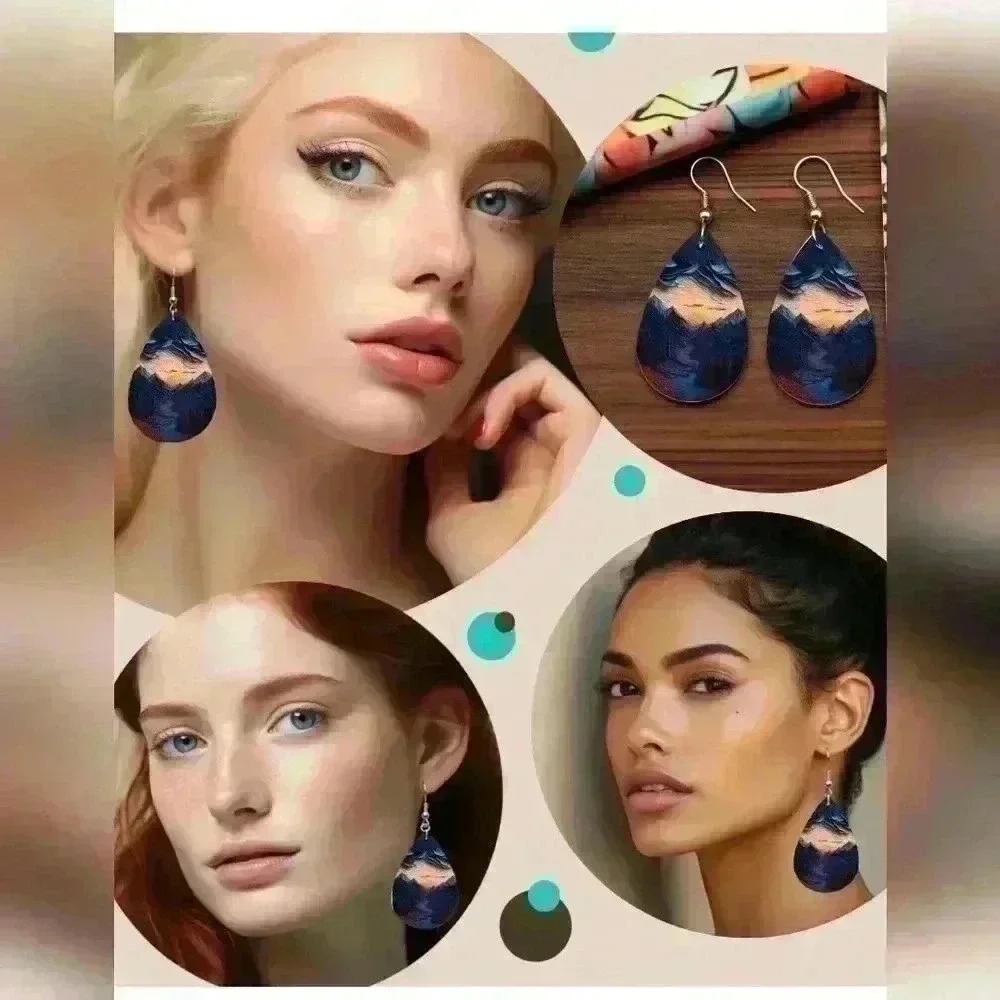 Mountain oil painting scene printed tear drop pendant earrings